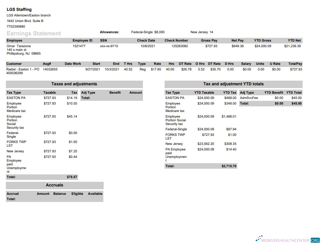 Download LGS Staffing pay stub in PDF and Word format Photoshop template